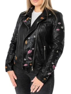Veste perfecto noire unie en cuir de mouton pourvue d'un col à revers
