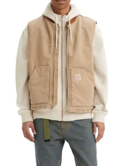 Veste sans manches en coton beige unie avec un col bomber et des grandes poches