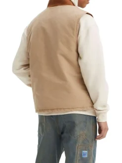 Veste sans manches en coton beige unie avec un col bomber et des grandes poches