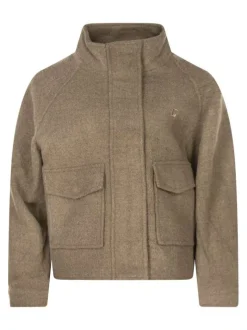 Veste taupe uni coupe ajustée pourvue d'un col montant et de manches longues