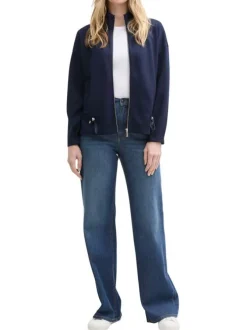 Veste zippée bleue marine unie à col montant avec des cordons à la taille