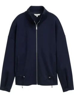 Veste zippée bleue marine unie à col montant avec des cordons à la taille