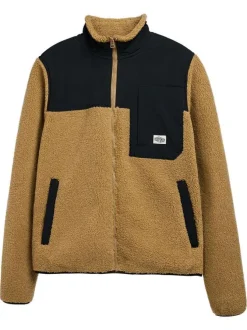 Veste zippée camel bi-matière avec un col montant et des poches